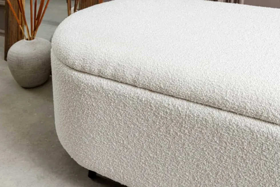 Scandinavische Polsterbank VOGUE 110cm weiß Bouclé schwarz Sitzbank mit Stauraum