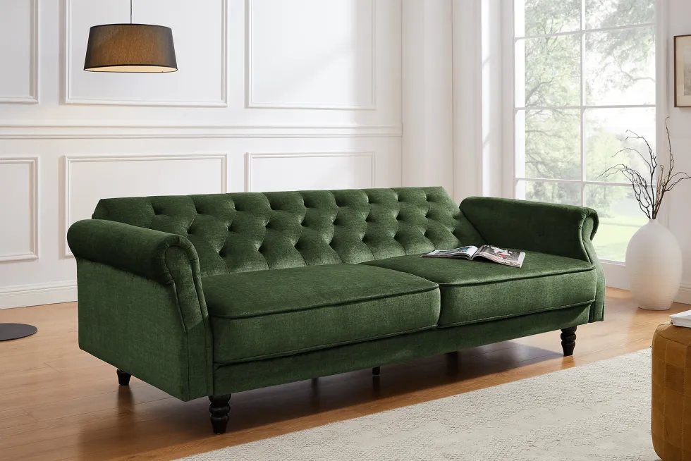Schlafsofa MAISON BELLE AFFAIRE 220cm moosgrün Vogue Seiden Samtstoff 3-Sitzer