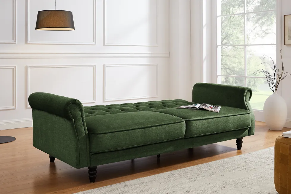 Schlafsofa MAISON BELLE AFFAIRE 220cm moosgrün Vogue Seiden Samtstoff 3-Sitzer
