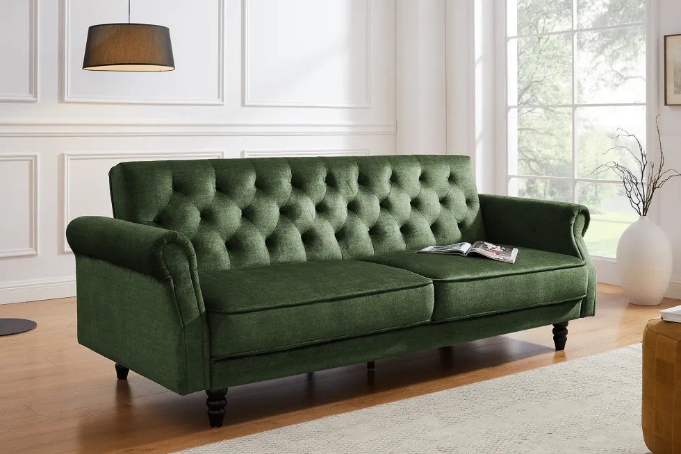 Schlafsofa MAISON BELLE AFFAIRE 220cm moosgrün Vogue Seiden Samtstoff 3-Sitzer
