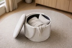 Sessel LUNA 65cm beige Bouclé Polsterhocker mit klappbarer Rückenlehne und Stauraum