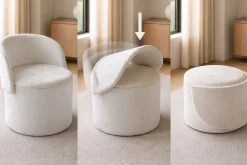 Sessel LUNA 65cm beige Bouclé Polsterhocker mit klappbarer Rückenlehne und Stauraum