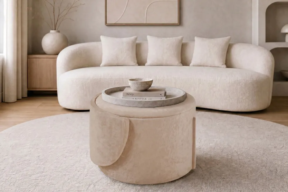 Sessel LUNA 65cm champagner greige Bouclé Polsterhocker mit klappbarer Rückenlehne und Stauraum