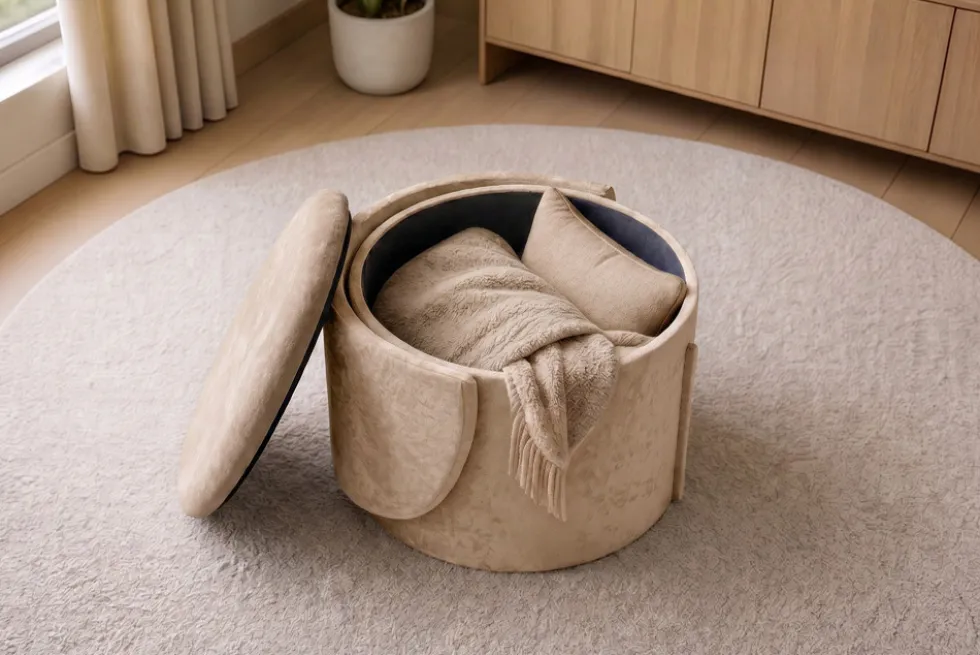 Sessel LUNA 65cm champagner greige Bouclé Polsterhocker mit klappbarer Rückenlehne und Stauraum