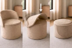 Sessel LUNA 65cm champagner greige Bouclé Polsterhocker mit klappbarer Rückenlehne und Stauraum