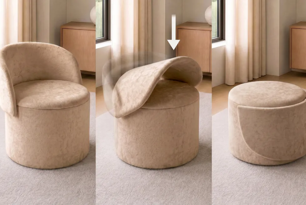 Sessel LUNA 65cm champagner greige Bouclé Polsterhocker mit klappbarer Rückenlehne und Stauraum
