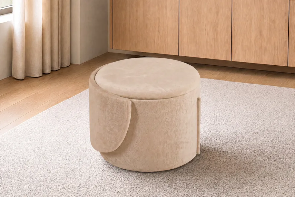 Sessel LUNA 65cm champagner greige Bouclé Polsterhocker mit klappbarer Rückenlehne und Stauraum