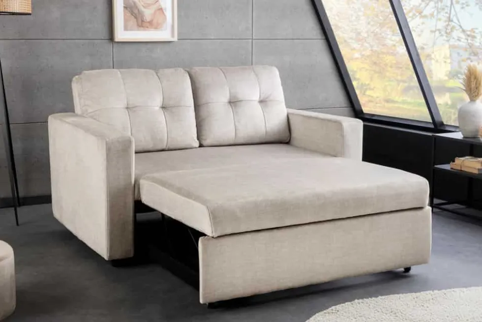 Sofa mit Schlaffunktion SMART 140cm champagner beige hochwertiger Vogue Seiden Samtstoff