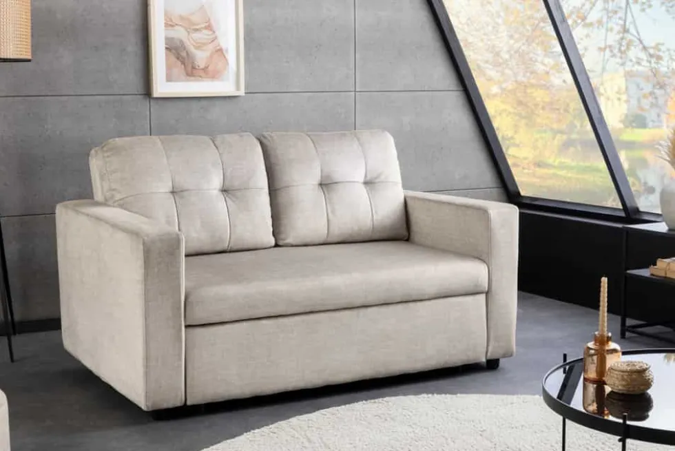 Sofa mit Schlaffunktion SMART 140cm champagner beige hochwertiger Vogue Seiden Samtstoff