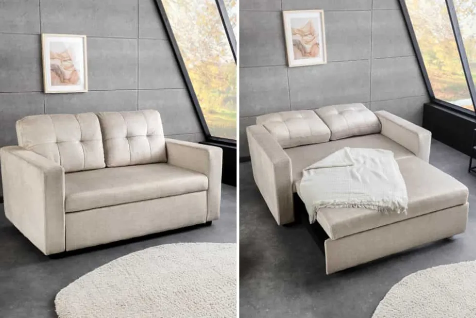 Sofa mit Schlaffunktion SMART 140cm champagner beige hochwertiger Vogue Seiden Samtstoff
