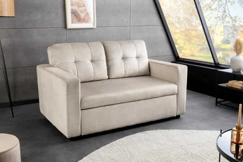 Sofa mit Schlaffunktion SMART 140cm champagner beige hochwertiger Vogue Seiden Samtstoff