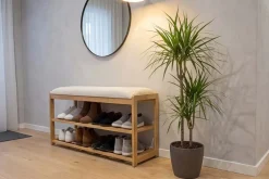 Stilvolle Schuhbank ZEN-BO 80cm natur beige Bambus Regal Sitzbank mit Stauraum