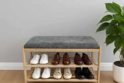 Stilvolle Schuhbank ZEN-BO 80cm natur grau Bambus Regal Sitzbank mit Stauraum