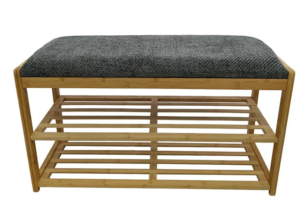 Stilvolle Schuhbank ZEN-BO 80cm natur grau Bambus Regal Sitzbank mit Stauraum