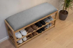 Stilvolle Schuhbank ZEN-BO 80cm natur grau Bambus Regal Sitzbank mit Stauraum