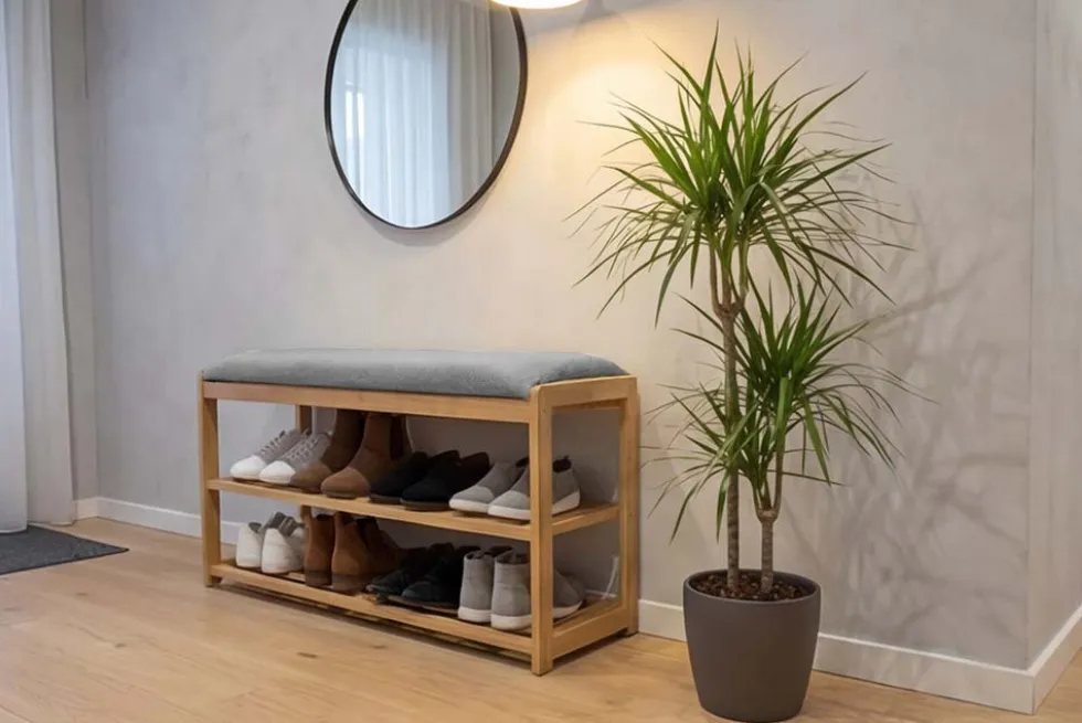 Stilvolle Schuhbank ZEN-BO 80cm natur grau Bambus Regal Sitzbank mit Stauraum