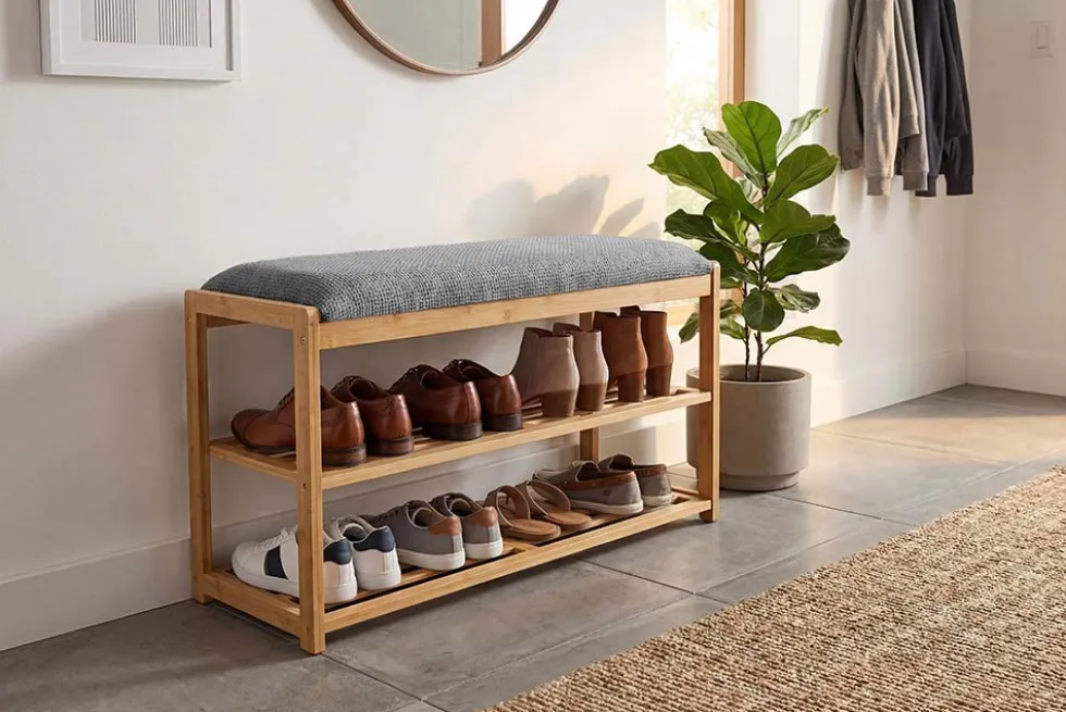 Stilvolle Schuhbank ZEN-BO 80cm natur grau Bambus Regal Sitzbank mit Stauraum