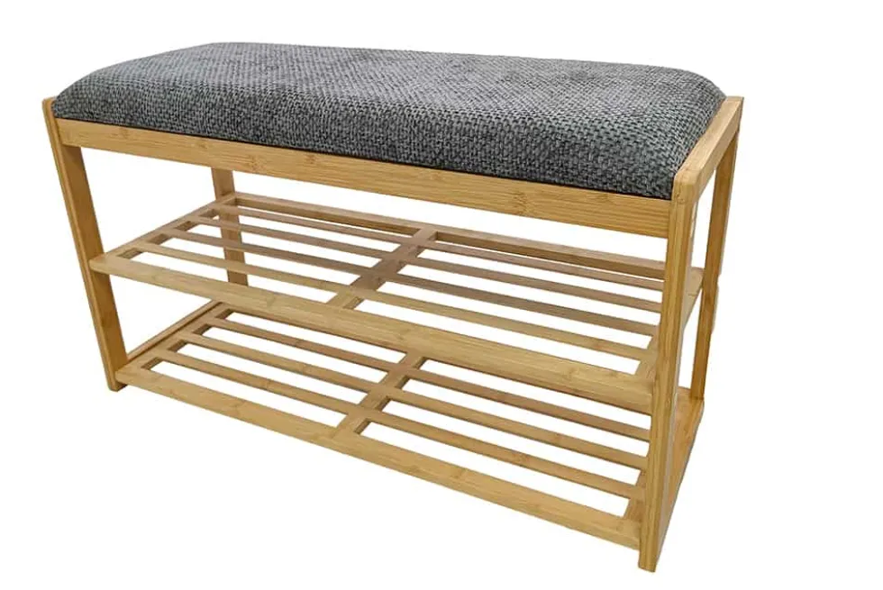 Stilvolle Schuhbank ZEN-BO 80cm natur grau Bambus Regal Sitzbank mit Stauraum