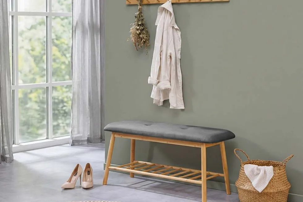 Stilvolle Schuhbank ZEN-BO 90cm natur grau Bambus Regal Sitzbank mit Stauraum