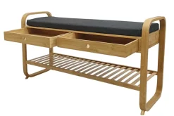 Stilvolle Schuhbank ZEN-BO 100cm natur grau Bambus Regal Sitzbank mit Schubladen