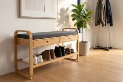 Stilvolle Schuhbank ZEN-BO 100cm natur grau Bambus Regal Sitzbank mit Schubladen
