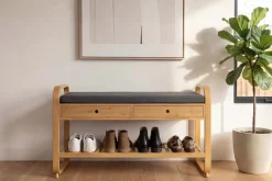 Stilvolle Schuhbank ZEN-BO 100cm natur grau Bambus Regal Sitzbank mit Schubladen