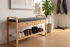 Stilvolle Schuhbank ZEN-BO 100cm natur grau Bambus Regal Sitzbank mit Schubladen