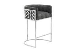 Stilvoller Barhocker ELEGANCE grau Samt silber Edelstahl mit Armlehne und Fußablage