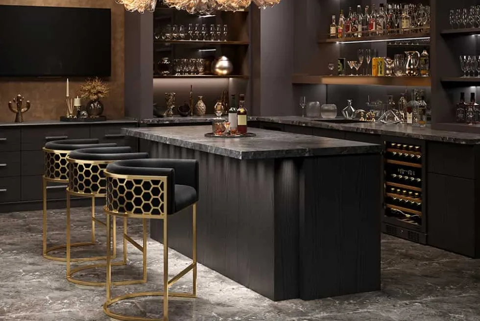 Stilvoller Barhocker ELEGANCE schwarz Samt gold Edelstahl mit Armlehne und Fußablage