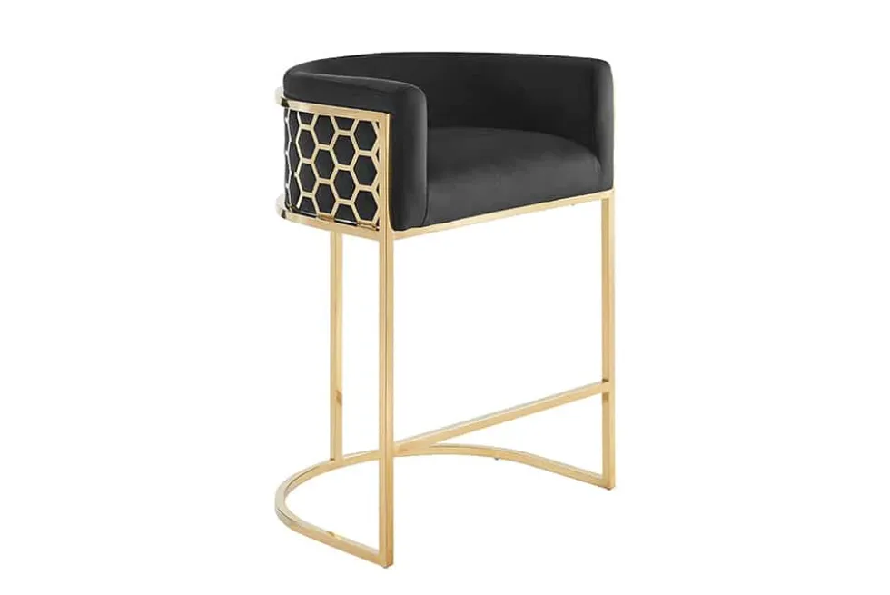 Stilvoller Barhocker ELEGANCE schwarz Samt gold Edelstahl mit Armlehne und Fußablage