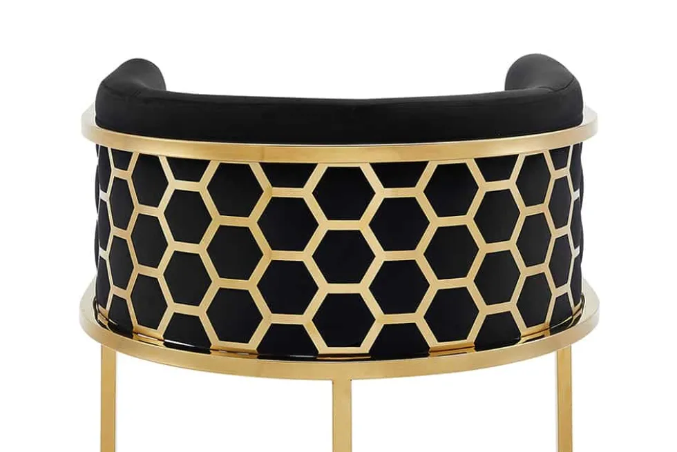 Stilvoller Barhocker ELEGANCE schwarz Samt gold Edelstahl mit Armlehne und Fußablage