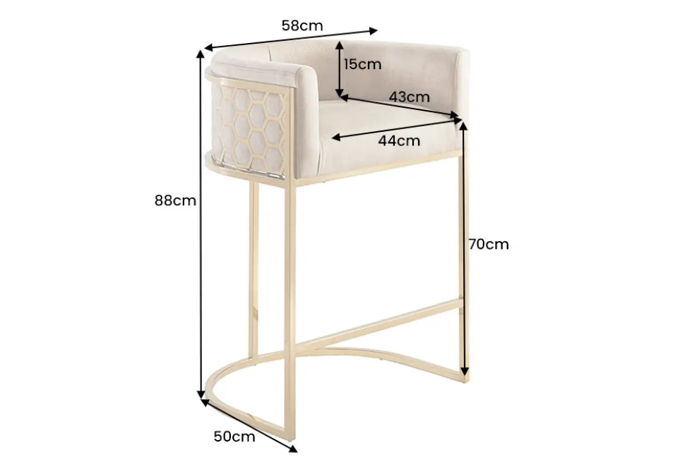 Stilvoller Barhocker ELEGANCE beige Samt gold Edelstahl mit Armlehne und Fußablage