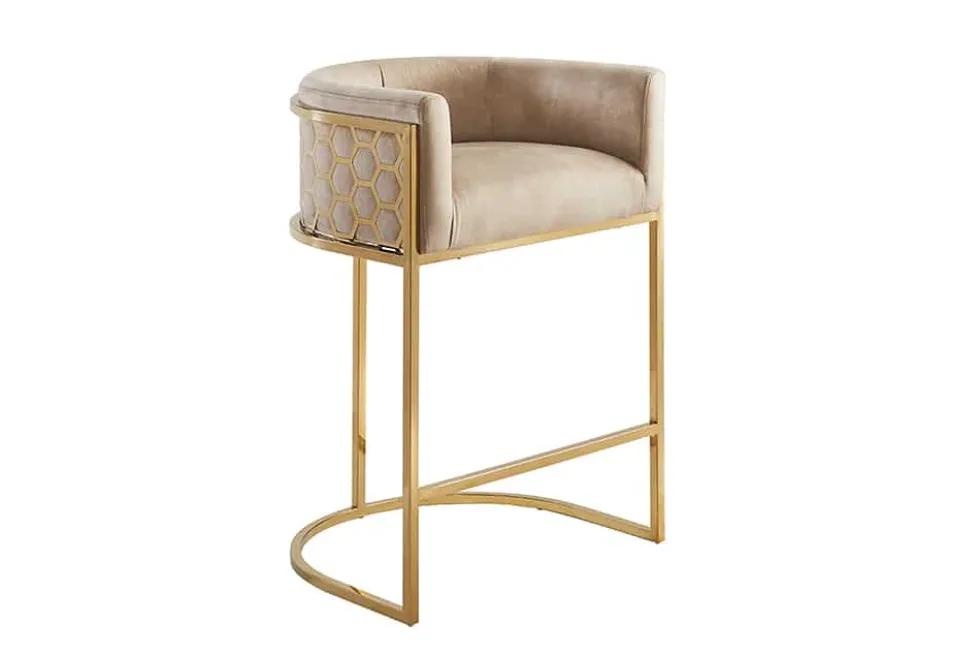 Stilvoller Barhocker ELEGANCE beige Samt gold Edelstahl mit Armlehne und Fußablage