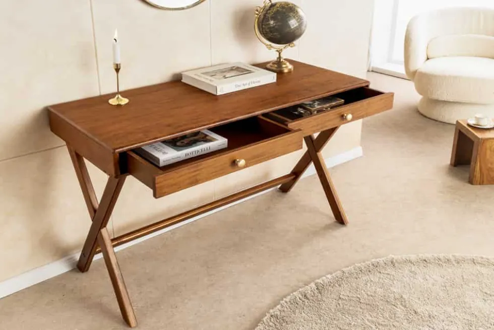 Stilvoller Konsolentisch SECRETARIO 110cm braun Akazie gold mit Schubladen
