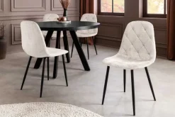 Stilvoller Stuhl GLAMM champagner beige Chenille Cremona mit Rauten-Steppung schwarz Metall