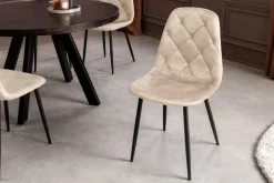 Stilvoller Stuhl GLAMM champagner beige Samt mit Rauten-Steppung schwarz Metall
