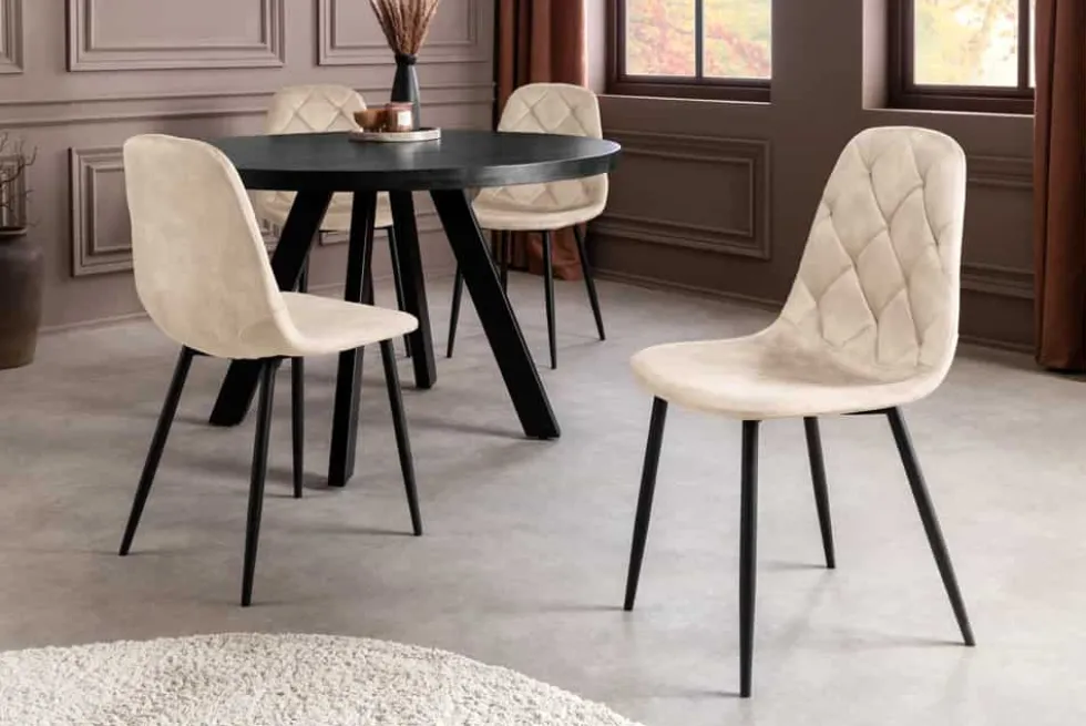 Stilvoller Stuhl GLAMM champagner beige Samt mit Rauten-Steppung schwarz Metall