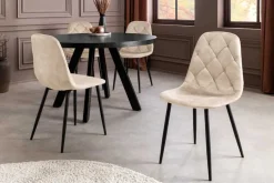 Stilvoller Stuhl GLAMM champagner beige Samt mit Rauten-Steppung schwarz Metall