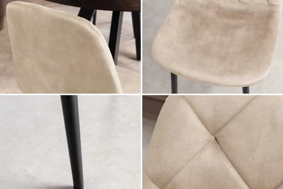 Stilvoller Stuhl GLAMM champagner beige Samt mit Rauten-Steppung schwarz Metall