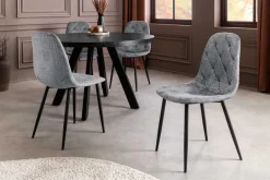 Stilvoller Stuhl GLAMM grau Chenille Cremona mit Rauten-Steppung schwarze Metallbeine