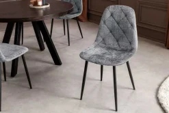 Stilvoller Stuhl GLAMM grau Chenille Cremona mit Rauten-Steppung schwarze Metallbeine
