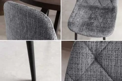 Stilvoller Stuhl GLAMM grau Chenille Cremona mit Rauten-Steppung schwarze Metallbeine