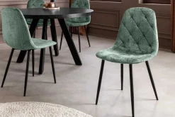 Stilvoller Stuhl GLAMM grün Chenille Cremona mit Rauten-Steppung schwarze Metallbeine