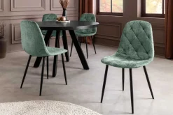 Stilvoller Stuhl GLAMM grün Chenille Cremona mit Rauten-Steppung schwarze Metallbeine