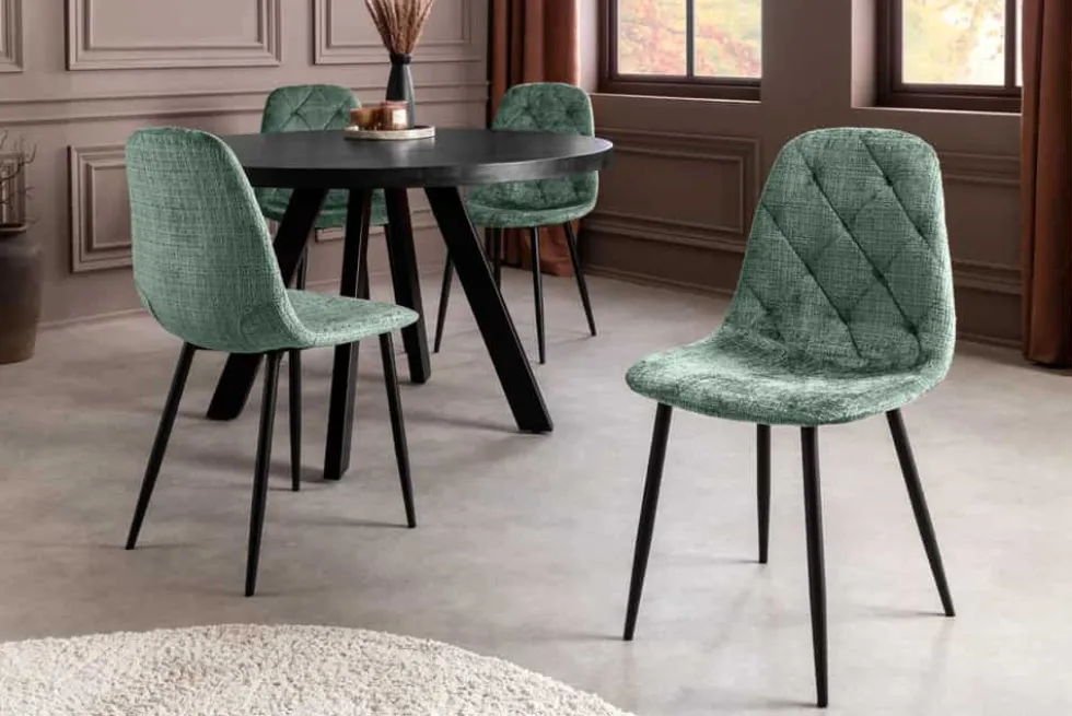 Stilvoller Stuhl GLAMM grün Chenille Cremona mit Rauten-Steppung schwarze Metallbeine
