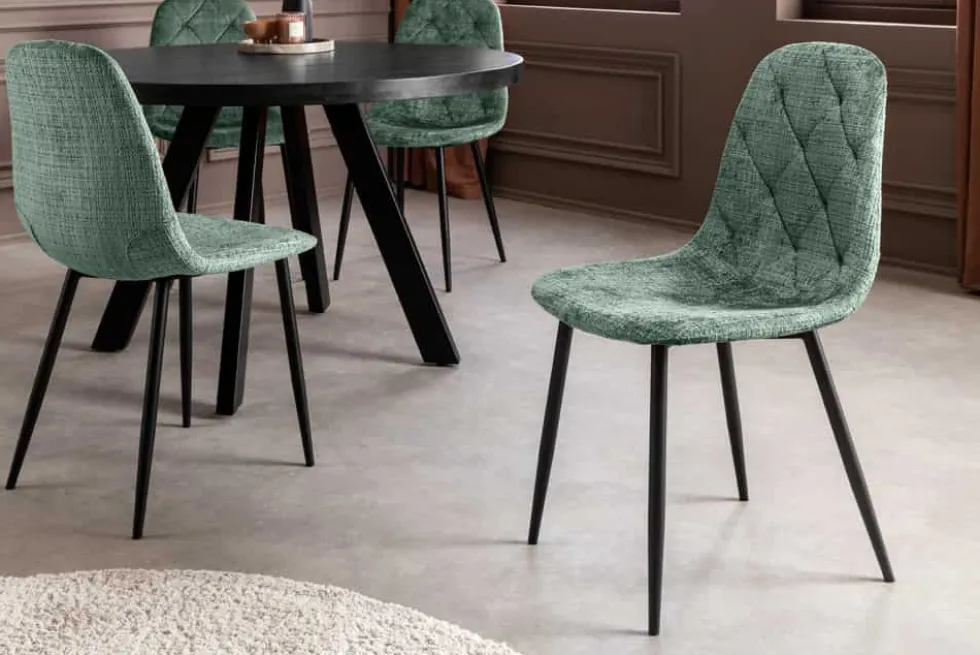 Stilvoller Stuhl GLAMM grün Chenille Cremona mit Rauten-Steppung schwarze Metallbeine