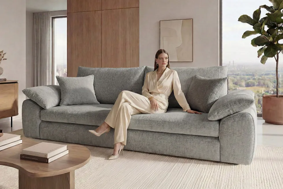 Stilvolles Big Sofa SOHO 260cm grau Chenille 4-Sitzer Couch mit Wellenunterfederung