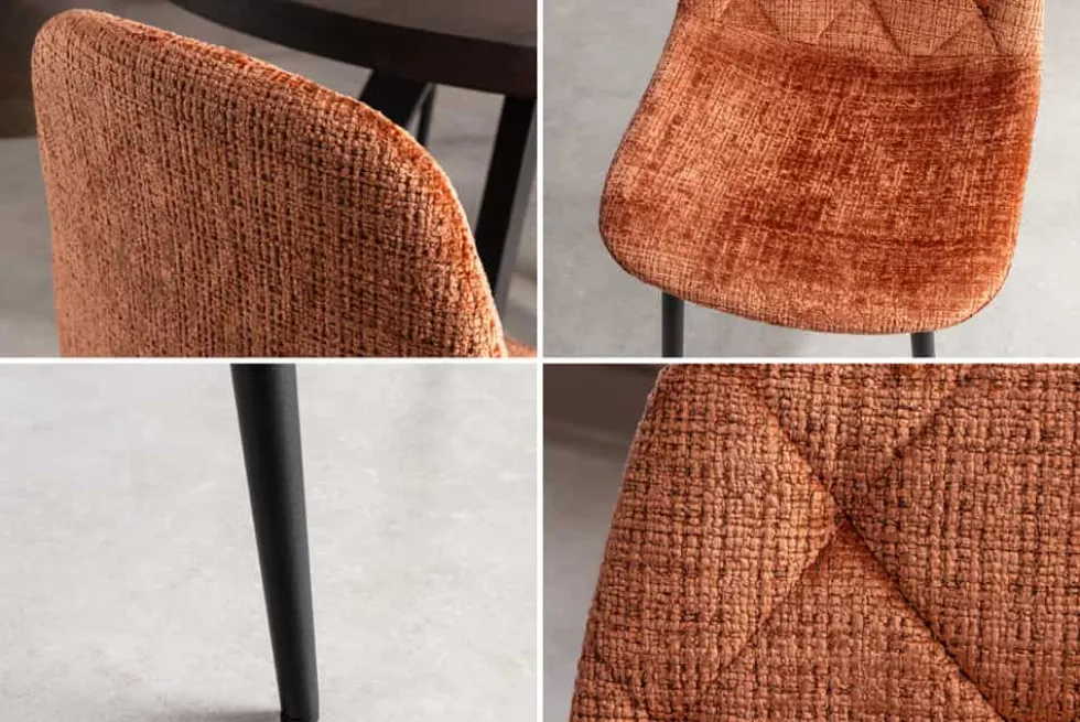 Stilvolles 2er-Set Stühle GLAMM rost braun Chenille Cremona schwarze Metallbeine