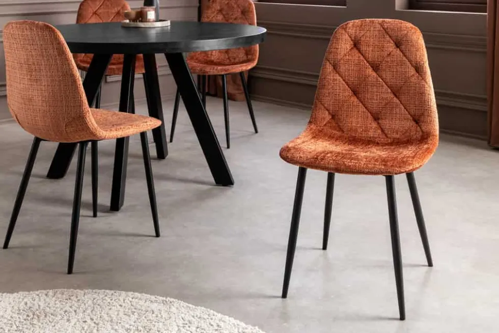 Stilvolles 2er-Set Stühle GLAMM rost braun Chenille Cremona schwarze Metallbeine