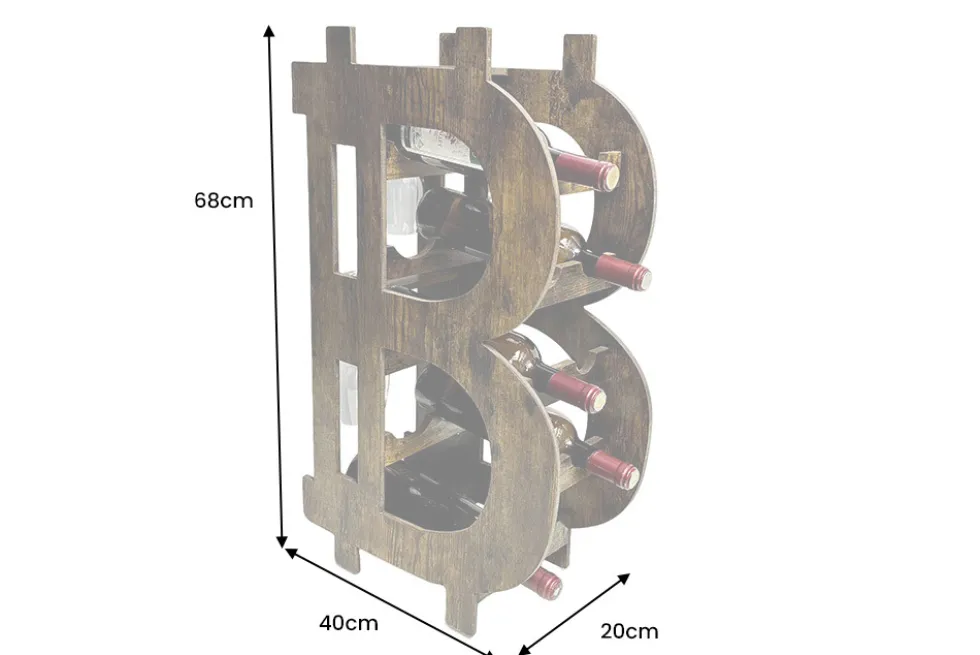 Stilvolles Weinregal BITCOIN 70cm natur Holzregal für 10 Flaschen und 4 Gläser